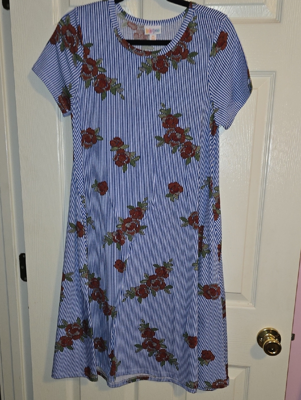 LuLaRoe Blue and White Striped Top with Red &‎ Green Floral Accents
